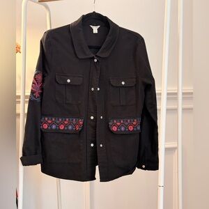 Embroidered Black Utility Jacket | Boho Folk Floral Military Style | Small